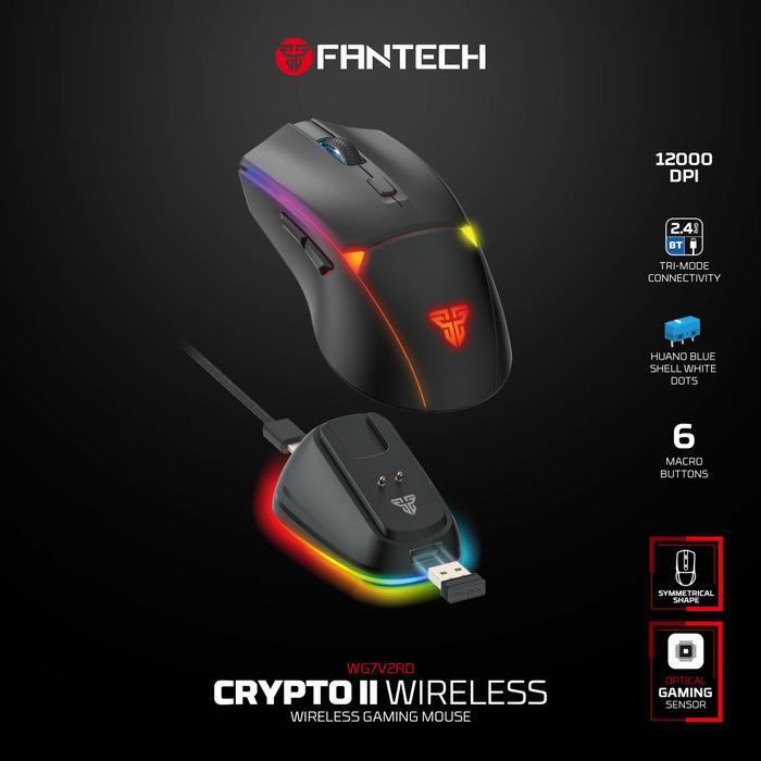 Fantech WG7V2RD / WG7-V2 RD / WG-7V2RD / WG7 V2 RD Crypto II / Crypto 2 Wireless Gaming Mouse With ARGB Gaming Optical Sensor