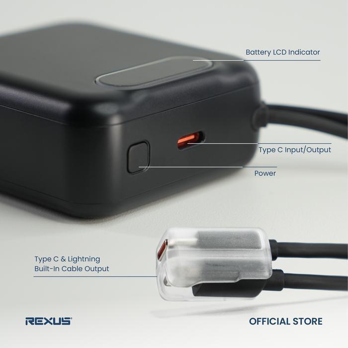Rexus PBW30 / PBW-30 Travel Powerbank 10000mAh Built-in 20W Type C Cable Fast Charging