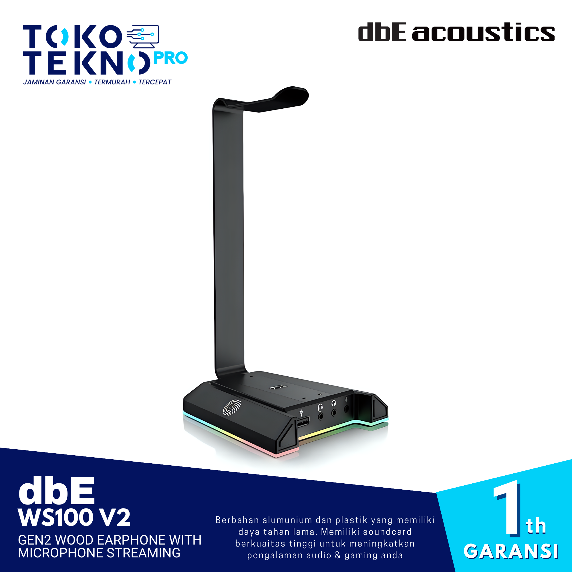 dbE HS100 7.1 Virtual Surround Headphone Stand with RGB and USB HUB