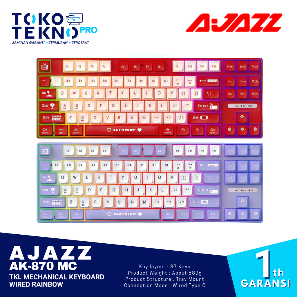 Ajazz AK870 / AK-870 Lite MC TKL Mechanical Keyboard Wired Rainbow
