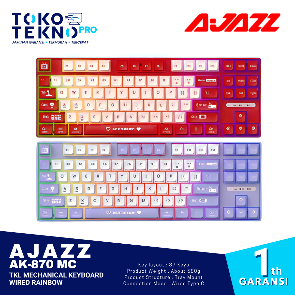 Ajazz AK870 / AK-870 Lite MC TKL Mechanical Keyboard Wired Rainbow