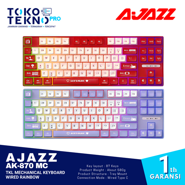 ☆AKO☆ Ajazz AK870 / AK-870 Lite MC TKL Mechanical Keyboard Wired Rainbow