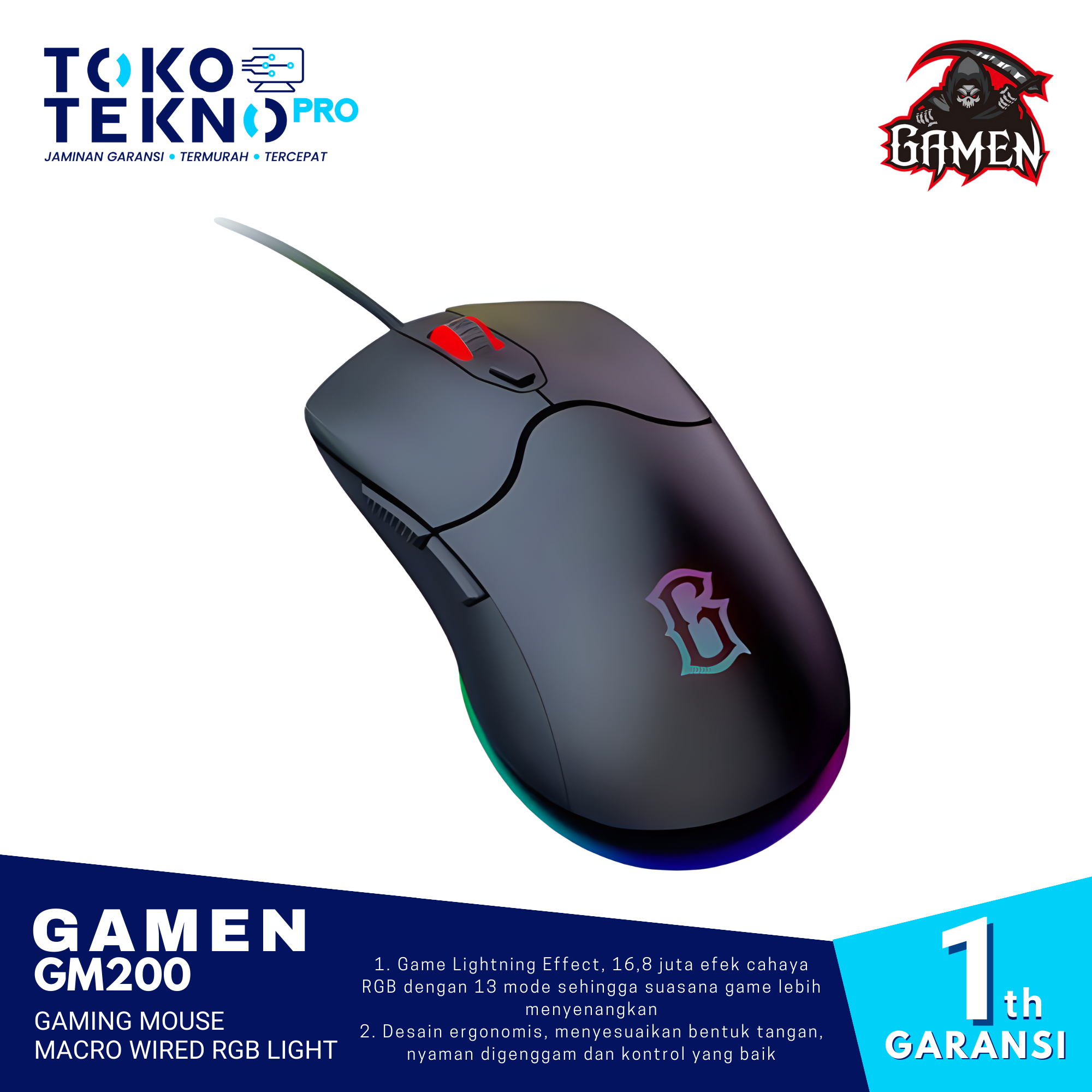 Gamen GM200 Gaming Mouse Macro Wired RGB Light 7200 DPI